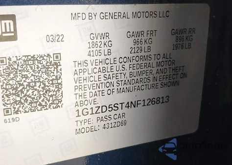 2022 Chevrolet Malibu Fwd Lt z USA, uszkodzony, nr VIN 1G1ZD5ST4NF126813